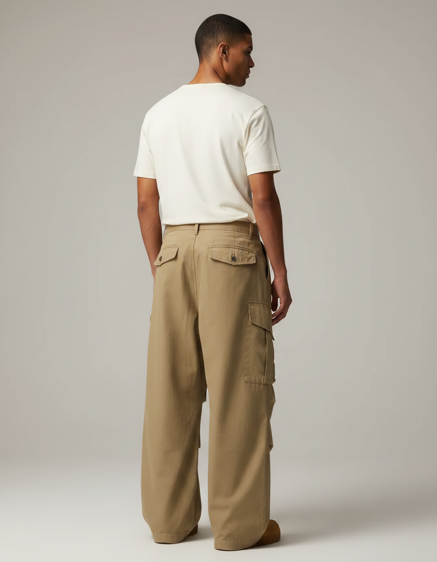 Pantalon Marron Cargo Ample Décontracté Multi-poches Homme - Kaki Gabardine - vue 2