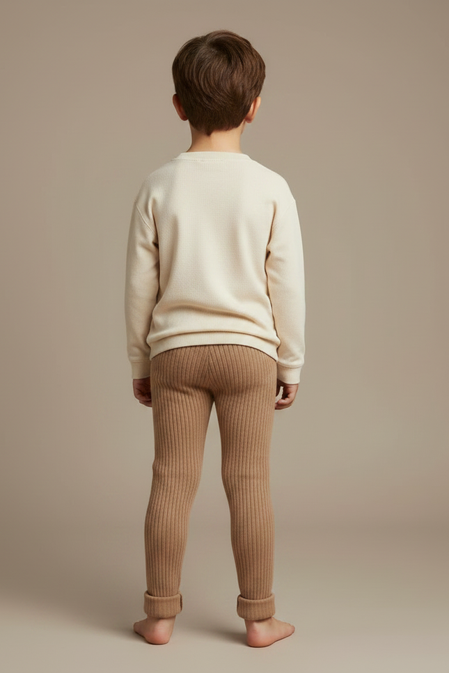 Pantalon Marron Tricoté Côtelé Élastique Confortable Enfant - Camel Maille - vue 2