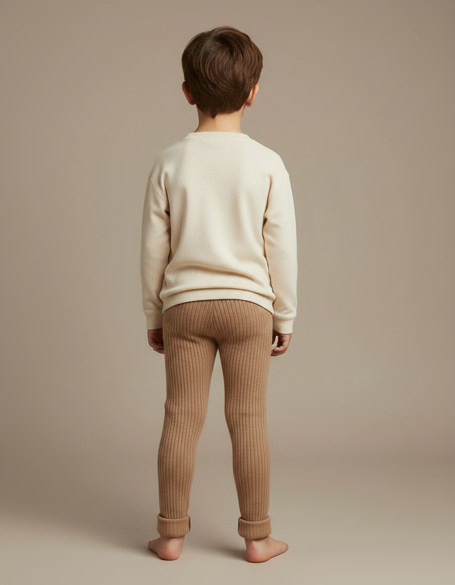 Pantalon Marron Tricoté Côtelé Élastique Confortable Enfant - Camel Maille - vue 2