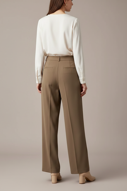 Pantalon Marron Fluide Taille Haute Ample Élégant - Kaki Viscose - vue 2