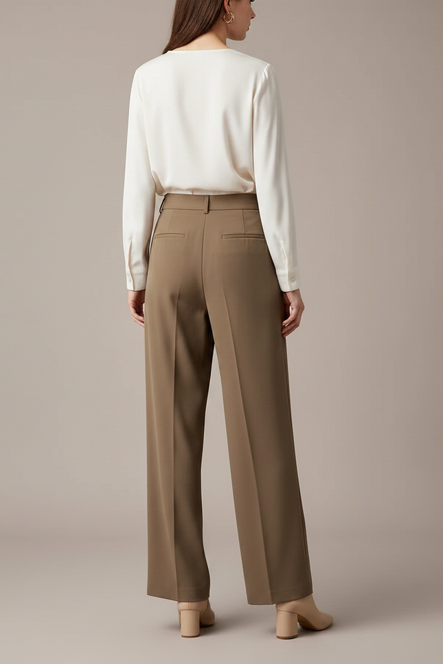 Pantalon Marron Fluide Taille Haute Ample Élégant - Kaki Viscose - vue 2
