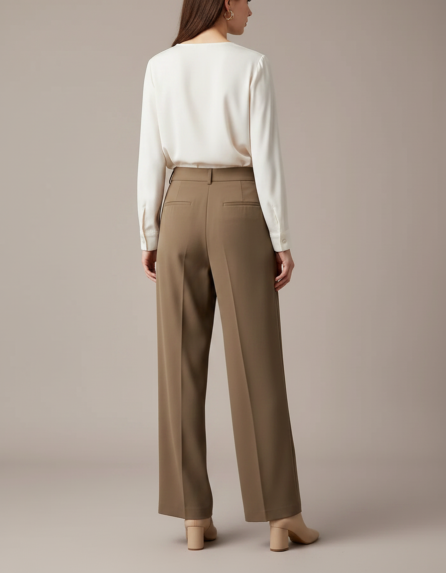 Pantalon Marron Fluide Taille Haute Ample Élégant - Kaki Viscose - vue 2