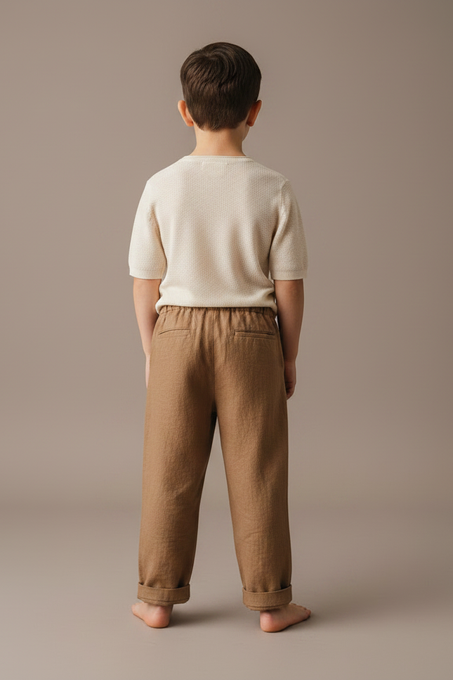 Pantalon Marron Lin Ample Élastique Enfant Décontracté - vue 2