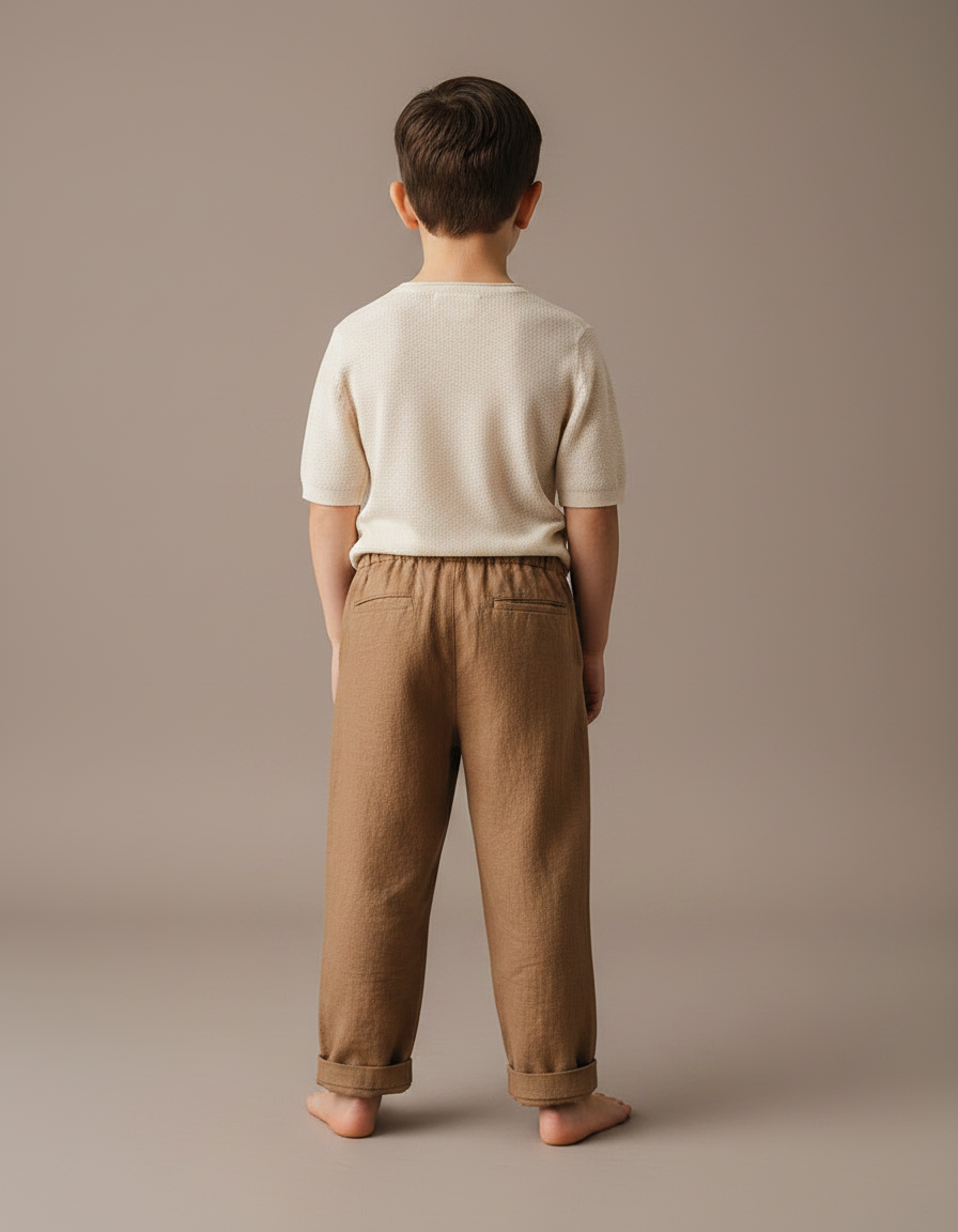 Pantalon Marron Lin Ample Élastique Enfant Décontracté - vue 2