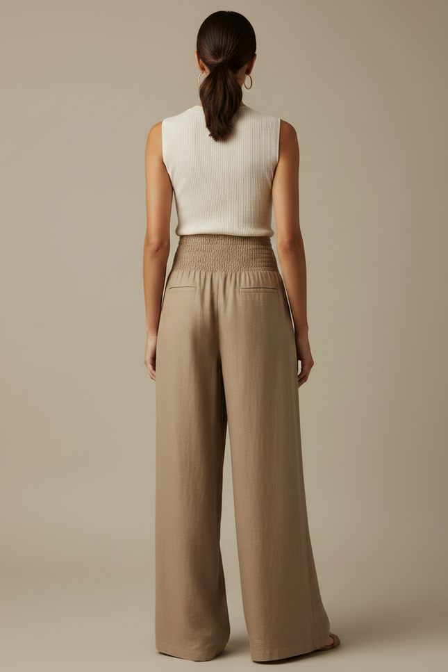 Pantalon Marron Fluide Plissé Taille Haute Élégant Femme - Lin - vue 2