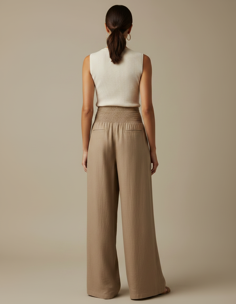 Pantalon Marron Fluide Plissé Taille Haute Élégant Femme - Lin - vue 2