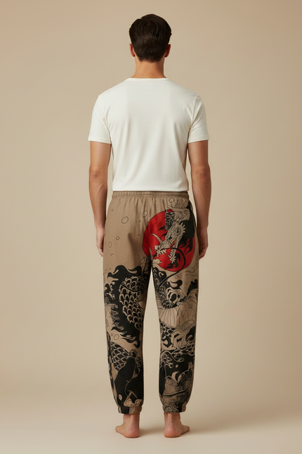 Pantalon Marron Ample Coton Dragon Japonais - vue 2