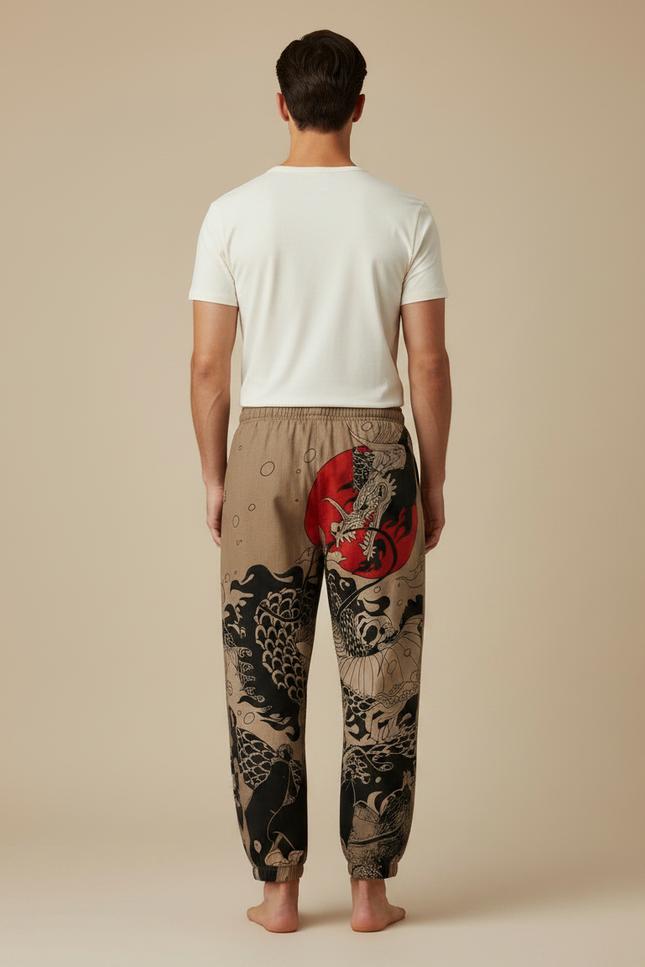 Pantalon Marron Ample Coton Dragon Japonais - vue 2