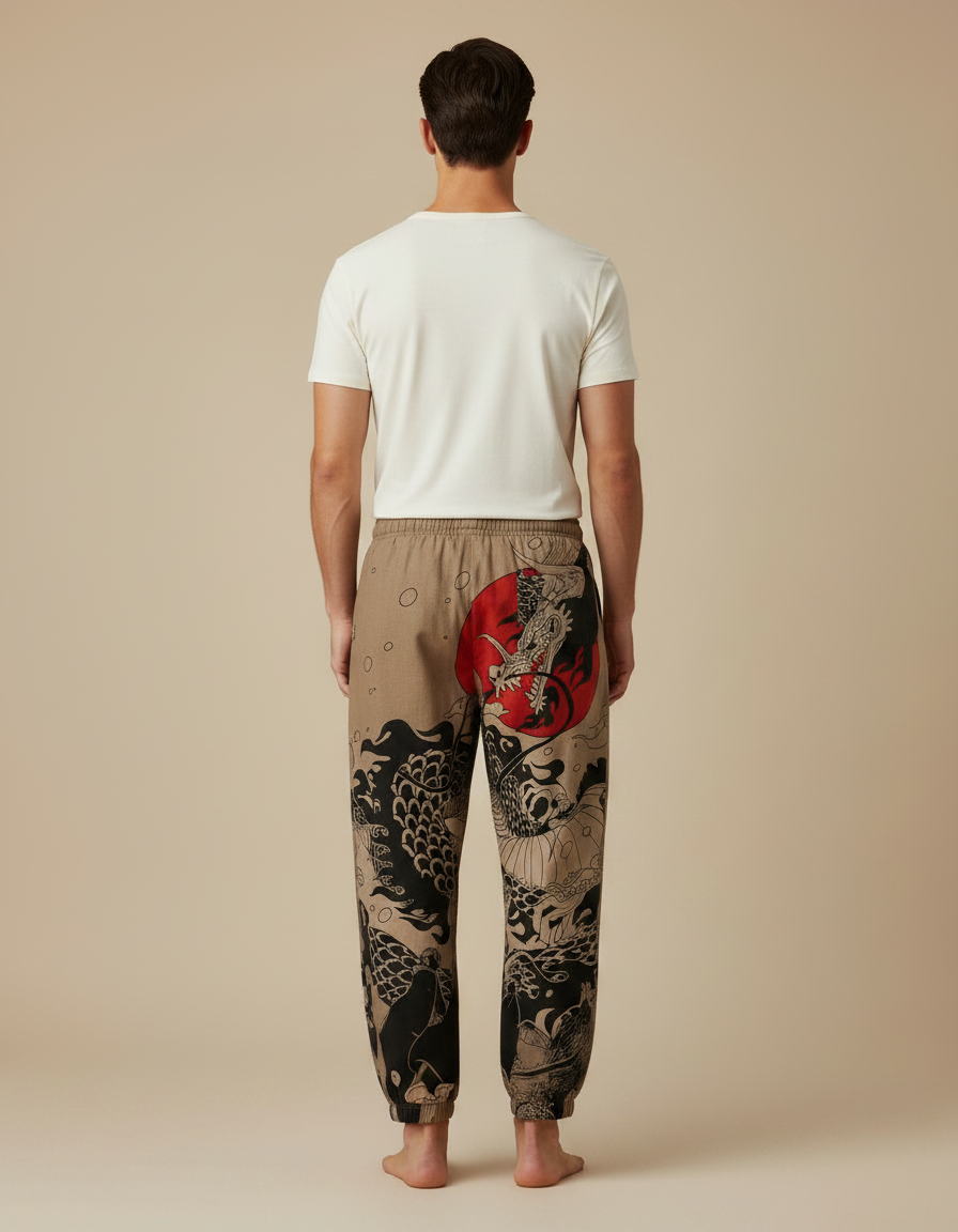 Pantalon Marron Ample Coton Dragon Japonais - vue 2