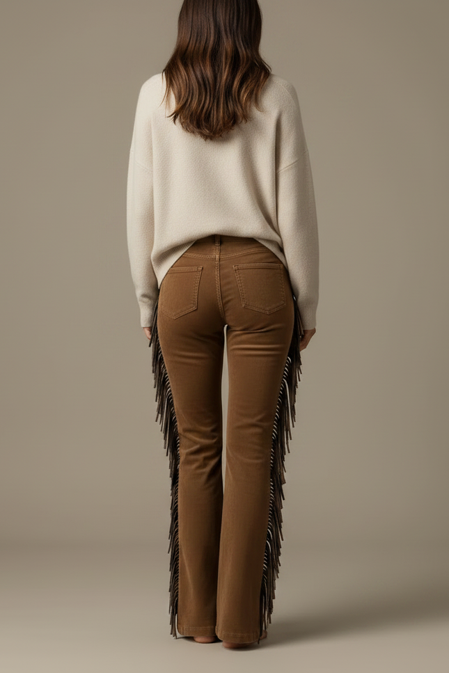 Pantalon Marron Franges Daim Évasé Vintage - Cordé - vue 2