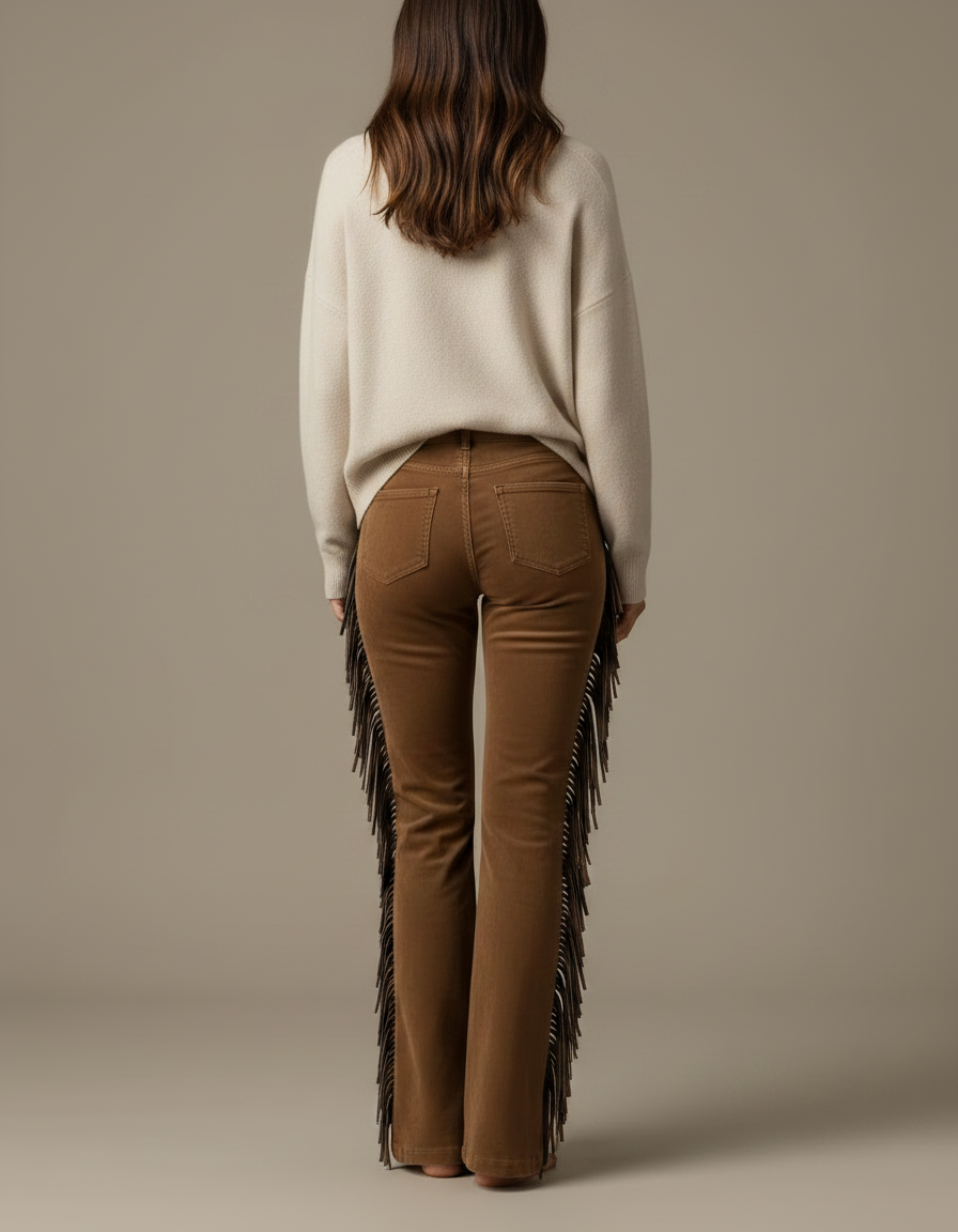 Pantalon Marron Franges Daim Évasé Vintage - Cordé - vue 2