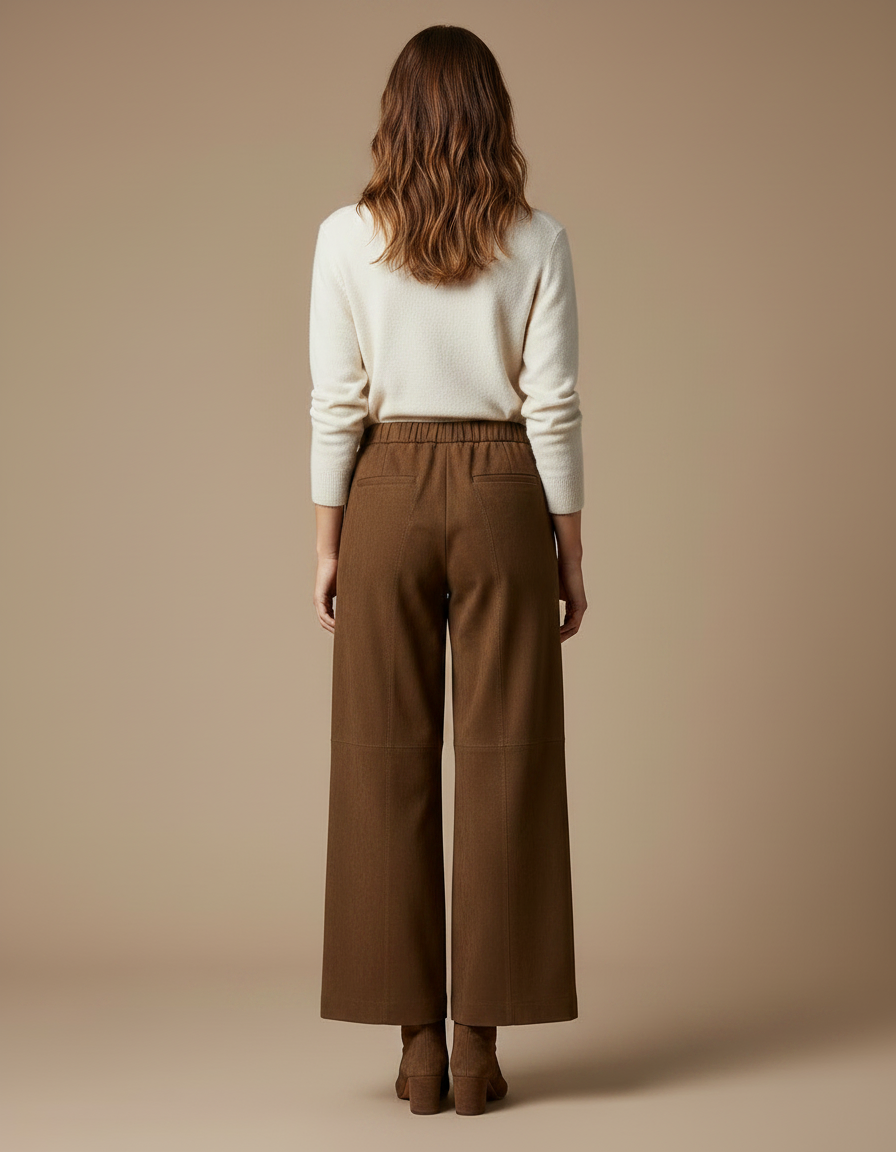 Pantalon Marron Suédé Taille Élastique Large Élégant - Cuir - vue 2