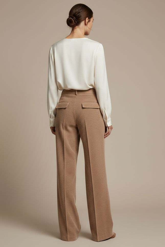 Pantalon Marron Côtelé Large Droit Taille Haute - Camel Cordé - vue 2
