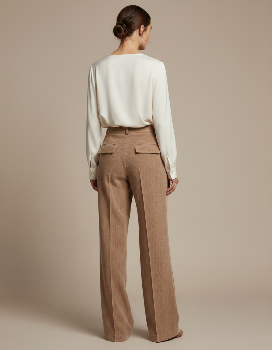 Pantalon Marron Côtelé Large Droit Taille Haute - Camel Cordé - vue 2