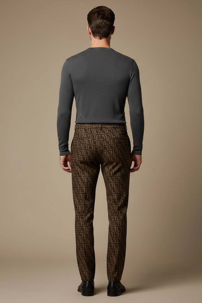 Pantalon Marron Motif FF Slim Élégant Homme - Laine - vue 2