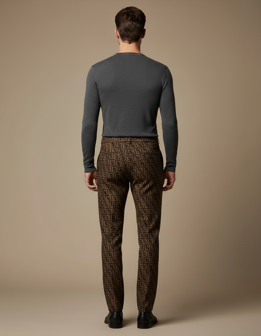 Pantalon Marron Motif FF Slim Élégant Homme - Laine - vue 2