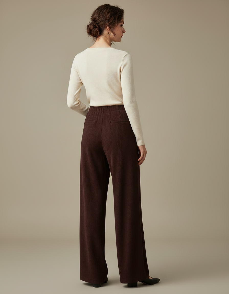 Pantalon Marron Ample Taille Haute Décontracté Femme - Maille - vue 2