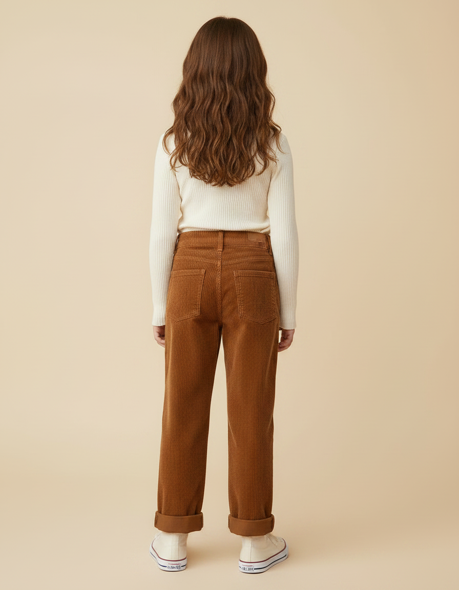 Pantalon Marron Côtelé Ample Droit Enfant Coréen - Cordé - vue 2