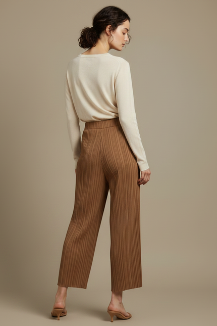 Pantalon Marron Plissé Ample Taille Élastique Fluide - Polyester - vue 2