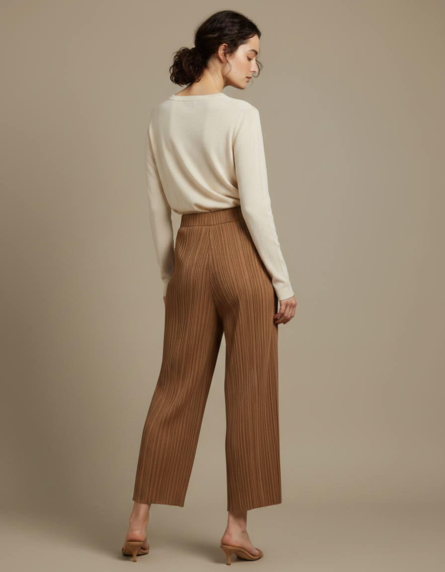 Pantalon Marron Plissé Ample Taille Élastique Fluide - Polyester - vue 2