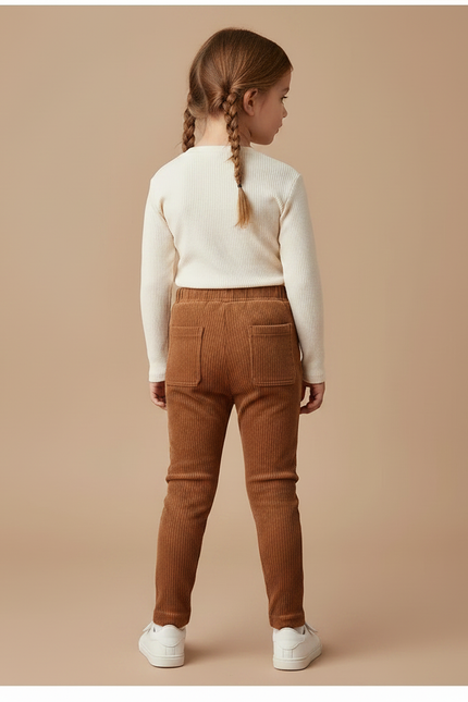 Pantalon Marron Côtelé Ajusté Poches Enfant - Cordé - vue 2