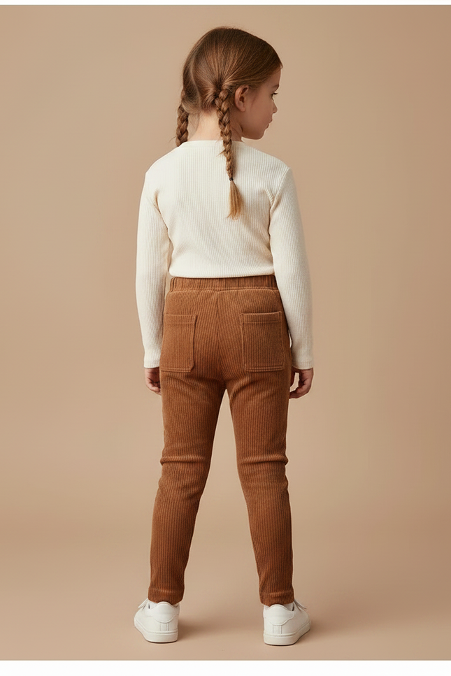 Pantalon Marron Côtelé Ajusté Poches Enfant - Cordé - vue 2