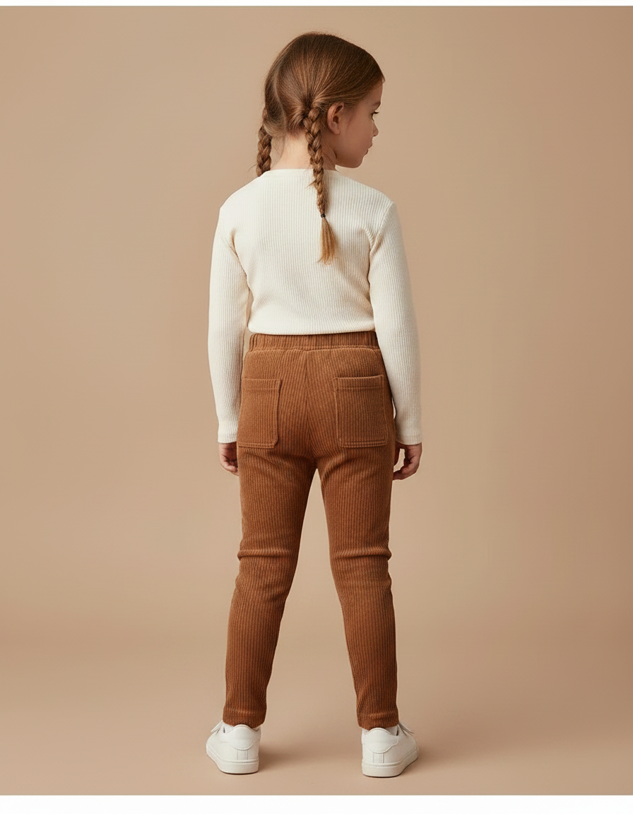 Pantalon Marron Côtelé Ajusté Poches Enfant - Cordé - vue 2