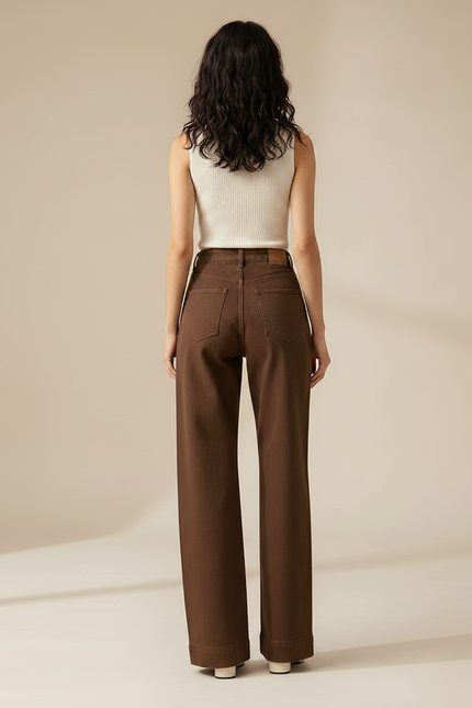 Pantalon Marron Denim Droit Taille Haute Femme - Jean - vue 2
