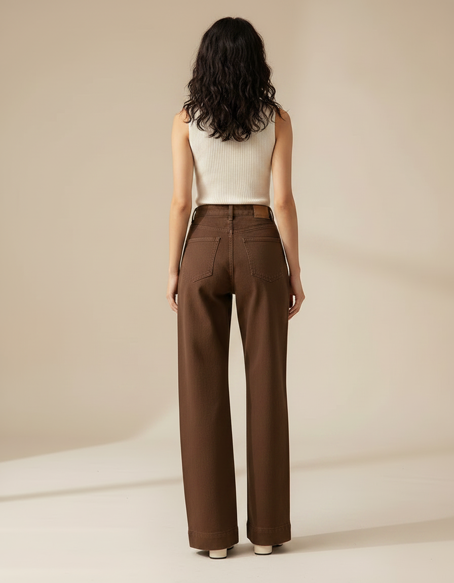 Pantalon Marron Denim Droit Taille Haute Femme - Jean - vue 2