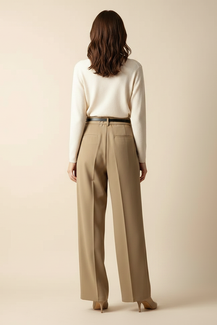 Pantalon Marron Taille Haute Ample Fluide Élégant Femme - Gabardine - vue 2
