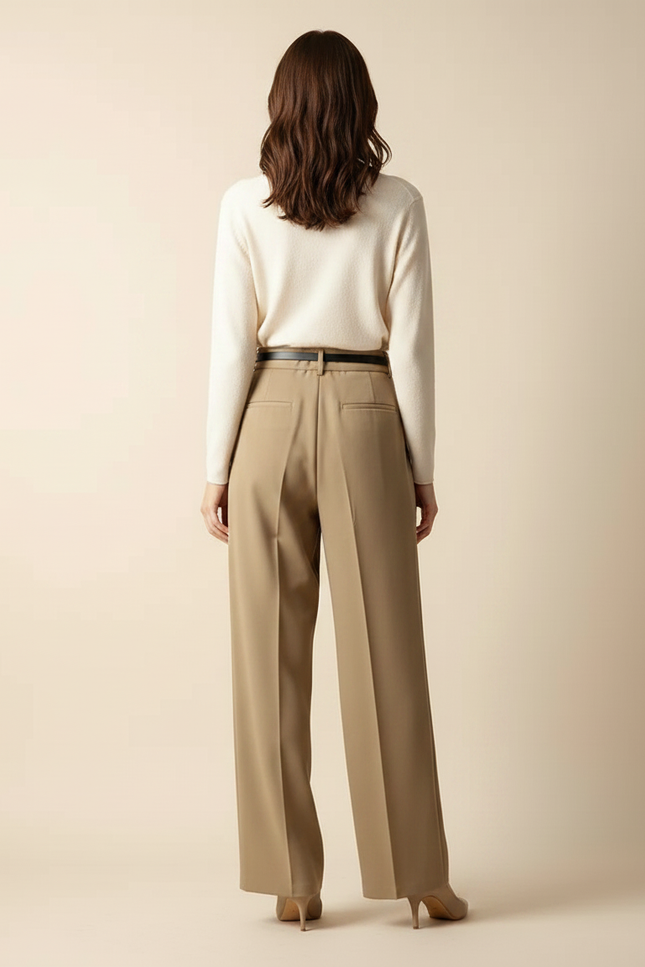 Pantalon Marron Taille Haute Ample Fluide Élégant Femme - Gabardine - vue 2