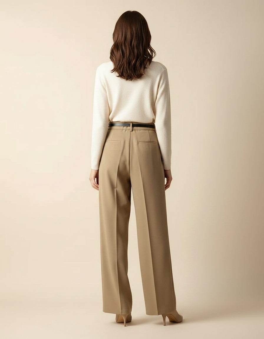 Pantalon Marron Taille Haute Ample Fluide Élégant Femme - Gabardine - vue 2