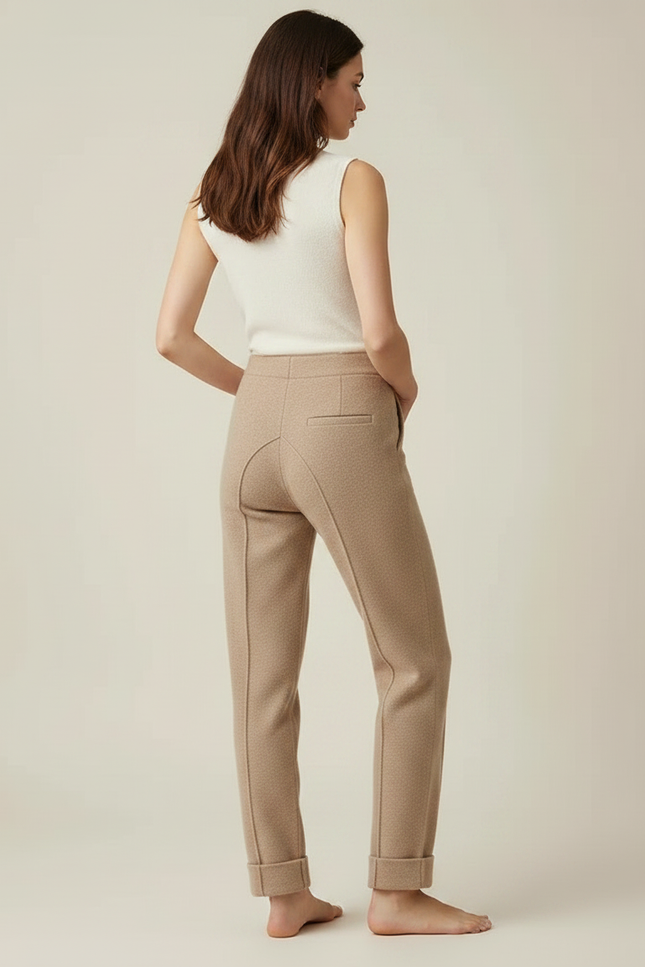 Pantalon Marron Tricoté Droit Élégant Confortable Femme - Camel Molleton - vue 2