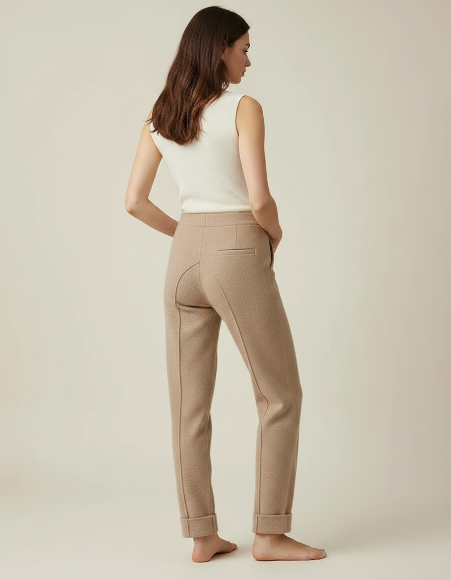 Pantalon Marron Tricoté Droit Élégant Confortable Femme - Camel Molleton - vue 2