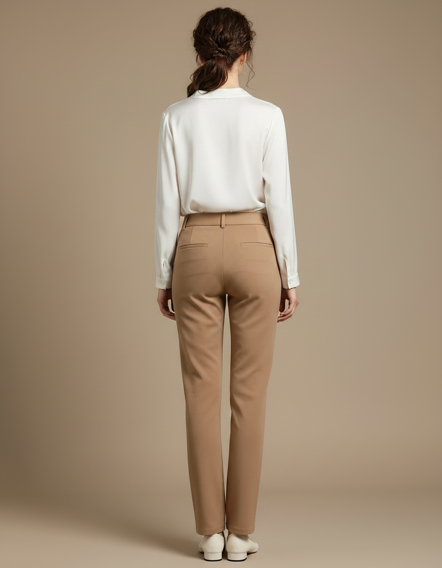 Pantalon Marron Femme Élégant Taille Haute Droit - Gabardine - vue 2