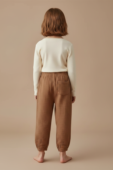 Pantalon Marron Ample Coton Gaufré Confortable Enfant - vue 2