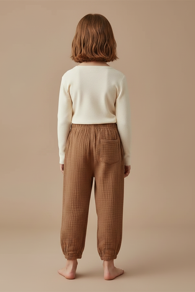 Pantalon Marron Ample Coton Gaufré Confortable Enfant - vue 2