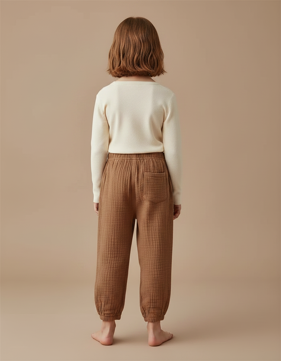 Pantalon Marron Ample Coton Gaufré Confortable Enfant - vue 2