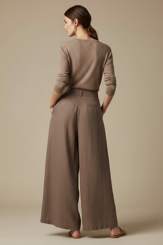Pantalon Marron Ample Plissé Taille Haute Élégant - Lin - vue 2