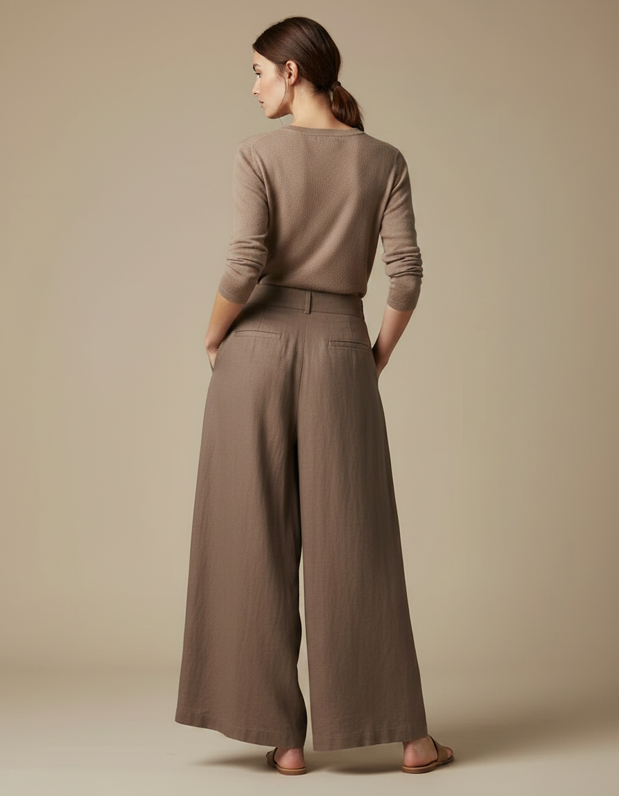 Pantalon Marron Ample Plissé Taille Haute Élégant - Lin - vue 2