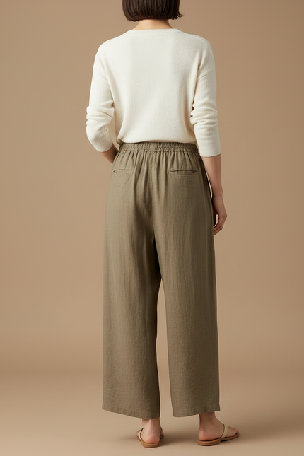 Pantalon Marron Ample Lin Coton Élastique Femme Décontracté - Kaki - vue 2