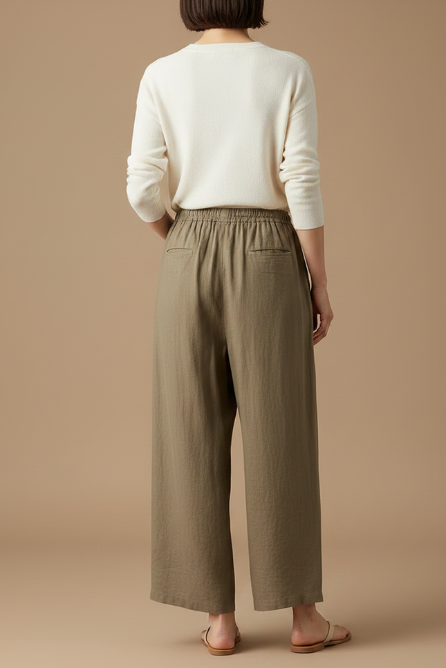 Pantalon Marron Ample Lin Coton Élastique Femme Décontracté - Kaki - vue 2