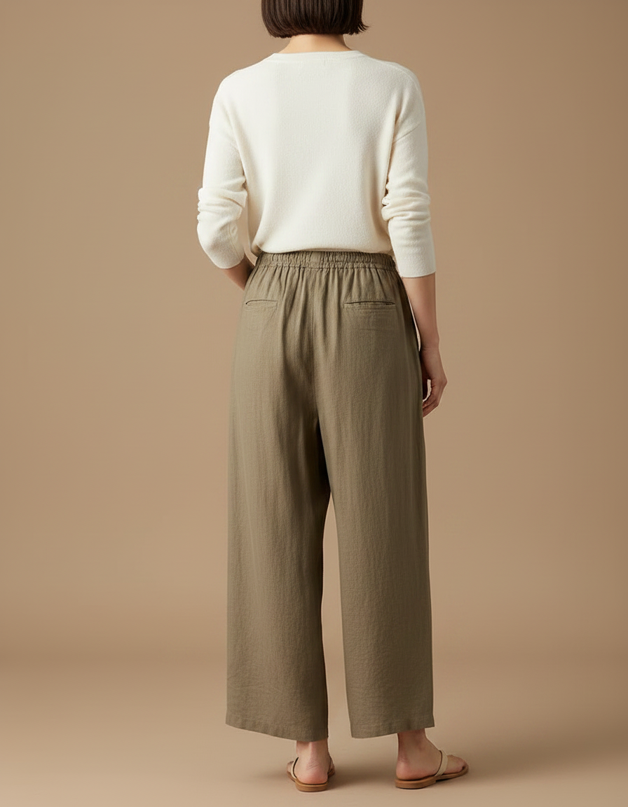 Pantalon Marron Ample Lin Coton Élastique Femme Décontracté - Kaki - vue 2