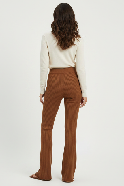 Pantalon Marron Côtelé Évasé Taille Haute Élégant Femme - Maille - vue 2