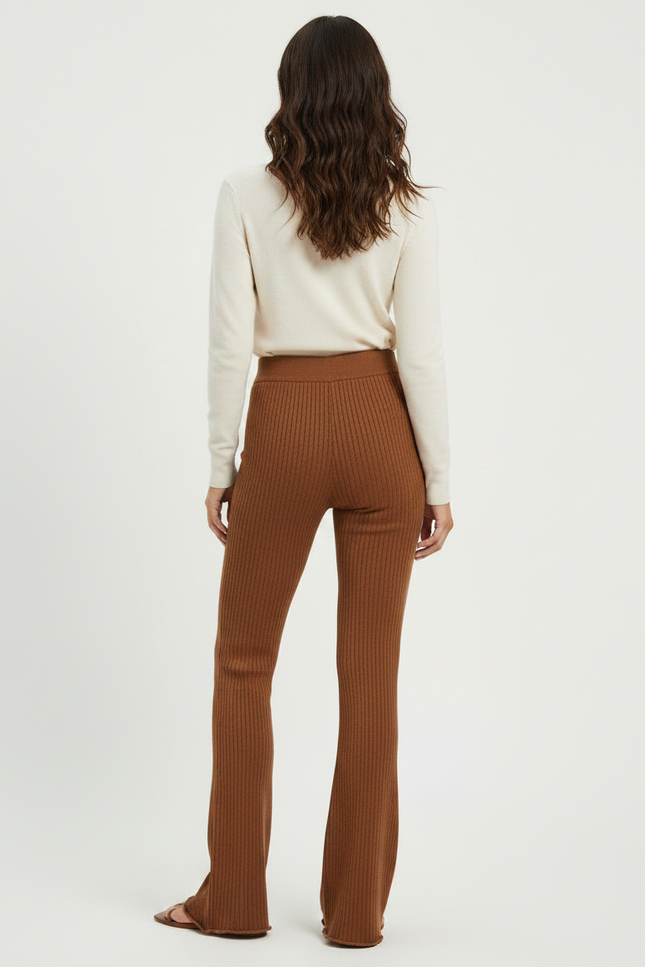 Pantalon Marron Côtelé Évasé Taille Haute Élégant Femme - Maille - vue 2