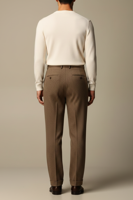 Pantalon Marron Laine Droit Plissé Homme Élégant - Tweed - vue 2