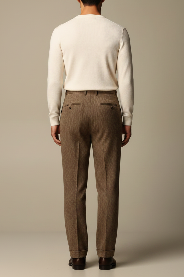 Pantalon Marron Laine Droit Plissé Homme Élégant - Tweed - vue 2