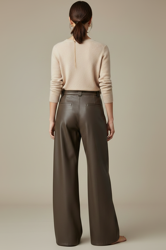 Pantalon Marron Cuir PU Ample Taille Haute Droit - Simili cuir - vue 2