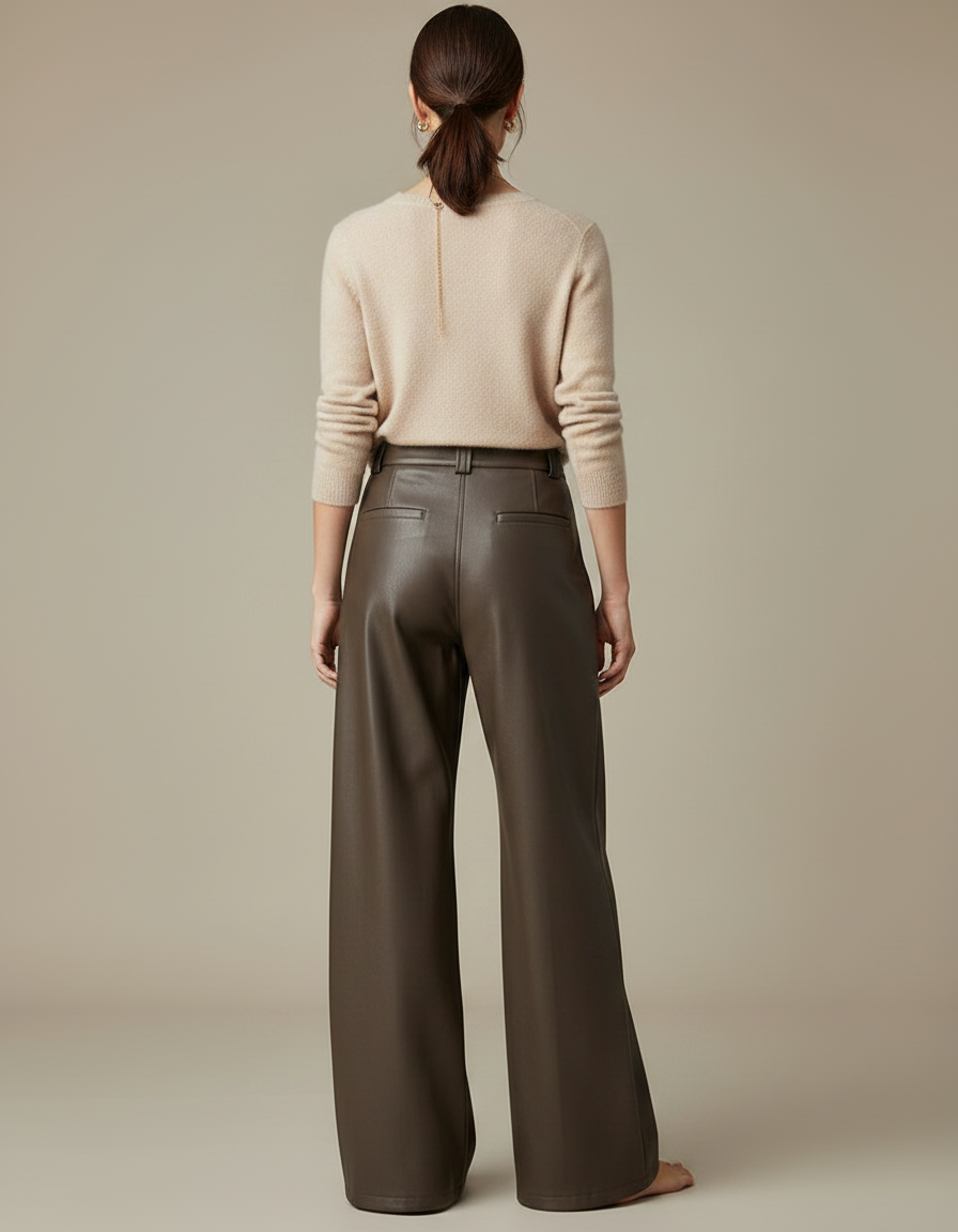Pantalon Marron Cuir PU Ample Taille Haute Droit - Simili cuir - vue 2