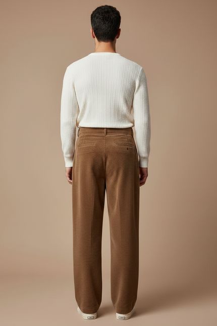 Pantalon Marron Côtelé Ample Décontracté Ceinturé Homme - Cordé - vue 2